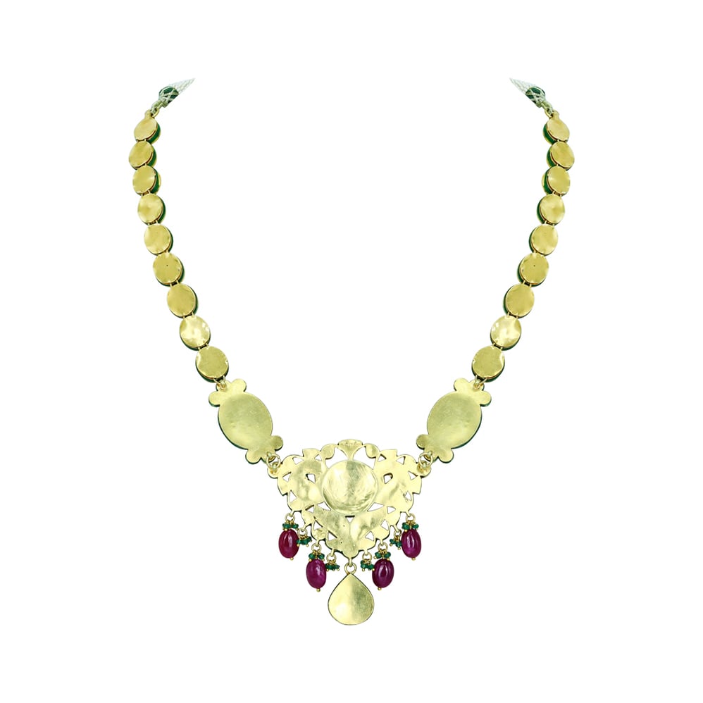 Enamel Necklace with Green-Red Accents, Pearls, and Gemstones